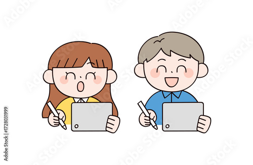 タブレットを持った男女2人のイラスト