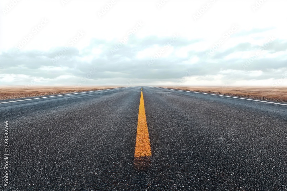Fototapeta premium Empty straight asphalt road with a yellow dividing line stretching into the horizon beneath a cloudy sky over barren land