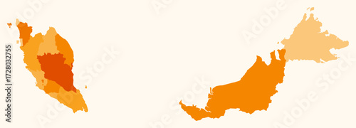 Map of Malaysia with regions. Just a simple country border map with region division. Orange color palette. Blank Malaysia shape with administrative division. Vector illustration.