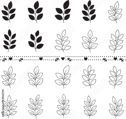 Botanical Elegance: An array of stylized leaf illustrations, both solid and outlined, embodies minimalist charm and botanical beauty.