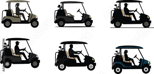 Golf cart, electric vehicle, small utility car, leisure transport, sports cart, recreational vehicle, driving silhouette, outdoor mobility, compact ride
