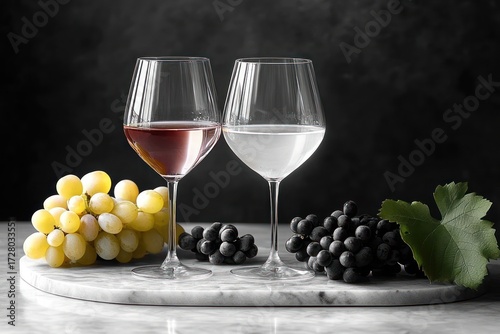 Two glasses of wine, one rose and one white, placed on a marble board with bunches of white and black grapes and a green grape leaf against a dark background
