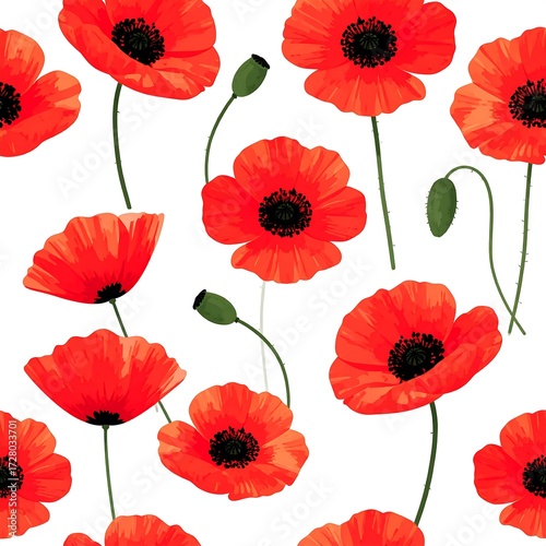 Fototapeta Naklejka Na Ścianę i Meble -  Red poppy flowers seamless pattern
