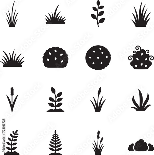 Plant Silhouette Collection: A monochromatic collection showcasing a variety of plants, from the simple elegance of grass to the intricate forms of bushes and reeds.