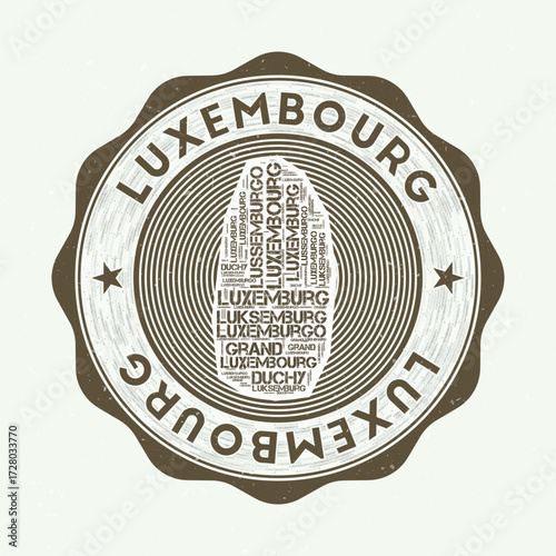 Luxembourg seal. Country round logo with shape of Luxembourg and country name in multiple languages wordcloud. Astonishing emblem. Elegant vector illustration.