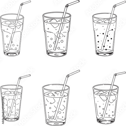 Six hand drawn illustrations of refreshing drinks with straws and ice cubes