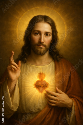 Devoción al Sagrado Corazón de Jesucristo con luz divina y corazón resplandeciente. Divina Misericordia.
