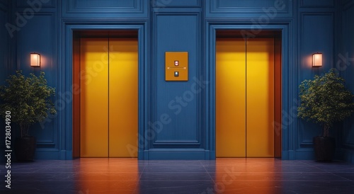 Two closed golden elevators set within a stylish blue paneled wall illuminated by wall lights and flanked by potted green plants in a modern interior