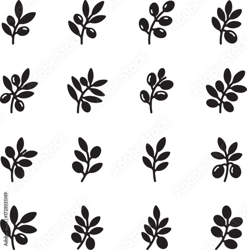 Olive Branch Silhouettes: A curated collection of elegant black silhouette branches and olives, ideal for adding a touch of nature and simplicity to your design.