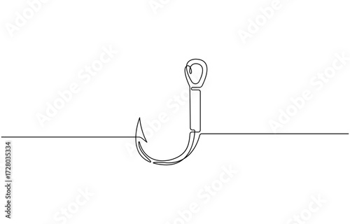 Continuous one line drawing fishing hook, single line fishing equipment, concept, minimalist pro vector illustration, on transparent background.