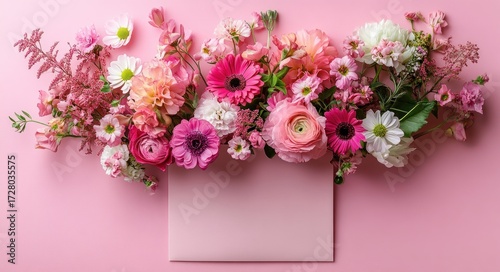 Arrangement of vibrant pink and white flowers spilling out of a pale pink envelope on a matching pink background symbolizing joy and celebration