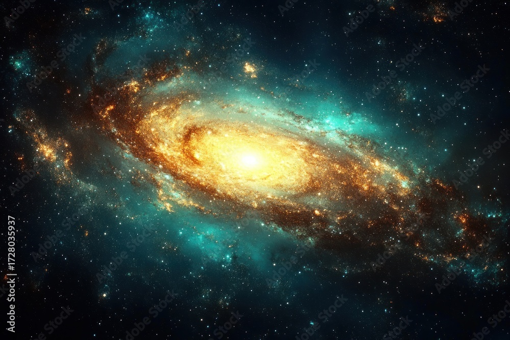 Fototapeta premium Bright spiral galaxy glowing with golden core surrounded by blue and turquoise star clouds and scattered distant stars in deep space