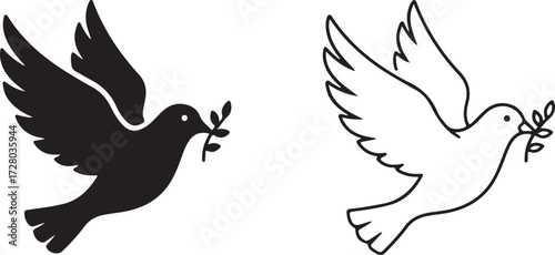 Dove of Peace: A minimalist illustration of a dove, embodying peace and serenity, holds an olive branch in its beak, presented in both solid and outline forms.