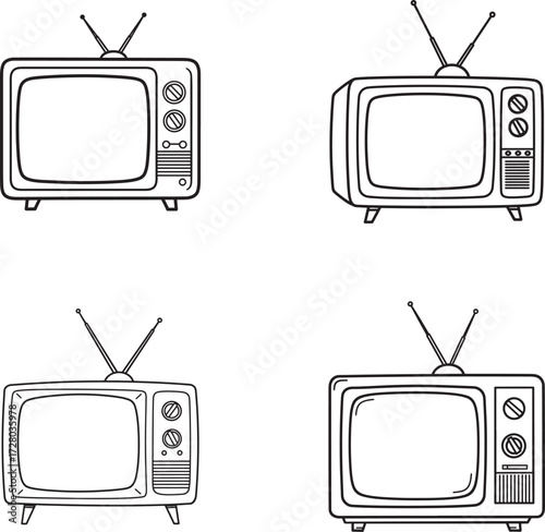 Four hand drawn vintage television sets with antennas and knobs