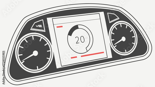 Modern Automotive Instrument Cluster with Digital Display and Analog Gauges Line Art Icon