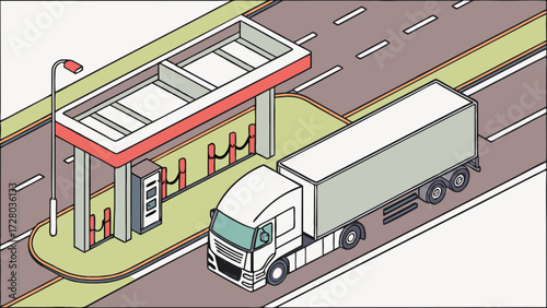 Isometric illustration of a semi-trailer truck refueling at a roadside gas station, depicting transportation and logistics