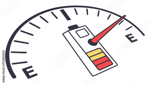 Energy Level Gauge with Low Battery Indicator Pointing to Depletion, Symbolizing Exhaustion and Critical Power Status