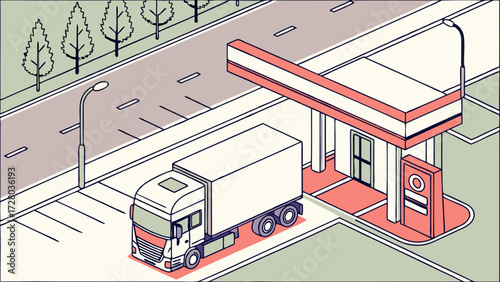 Isometric Illustration of Large Semi Truck Refueling at a Modern Gas Station, Representing Logistics and Road Transportation