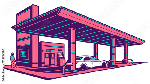 Vibrant Retro-futuristic Gas Station Illustration with Car, Person, and Fuel Pumps in Pink and Blue Tones