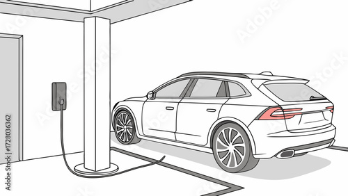 Modern Electric Vehicle (EV) Charging at Home Wallbox Station, Minimalist Grayscale Line Art Illustration in a Private Garage