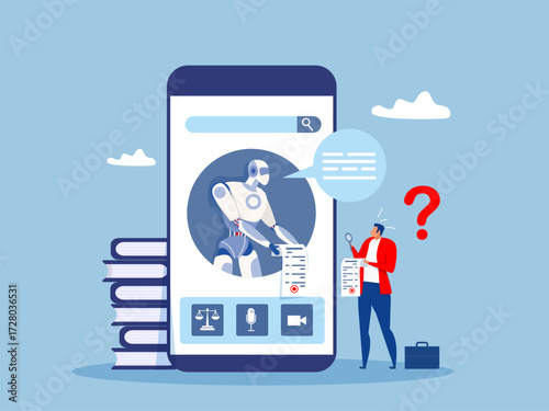 Businessman uses smartphone for consulting with Artificial intelligence technology. Online legal advice. Big smartphone, justice and law application.vector