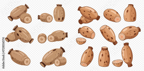 Hand-drawn vector illustration set featuring multiple prickly pear fruits, including whole and cross-section views, against a transparent background.