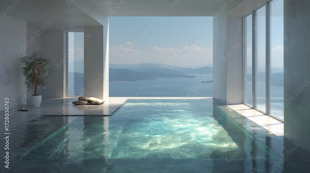 Fototapeta premium Modern Seaview Poolvilla Minimalist Onyx Swiss Style Vibrant Accents Crisp Details Elegant Design Luxurious Ambiance Sophisticated Appeal (AI-Generated)