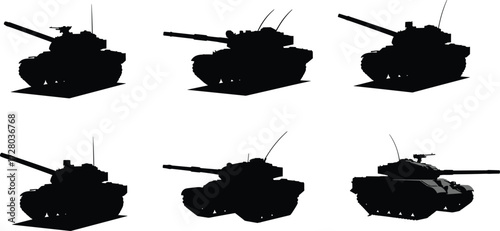 Military tank silhouette set, heavy armored combat vehicle illustration, war machine collection, defense army equipment graphic, battle weapon design artMilitary tank silhouette set, heavy armored 
