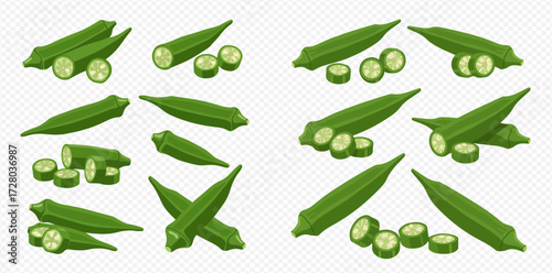 Various fresh green okra pods, whole and sliced, arranged on a transparent background.