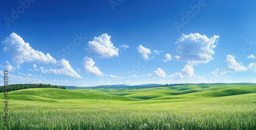 Vibrant green rolling hills under a bright blue sky with fluffy white clouds creating a peaceful and serene landscape
