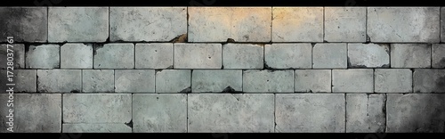 Gray concrete brick wall with unevenly weathered and cracked blocks creating an aged and textured surface