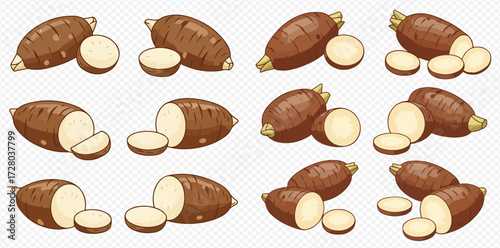 A collection of illustrated cassava roots, some whole and others cut into slices, showcasing their brown skin and white starchy interior.