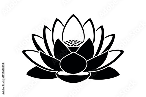 Black and white stylized lotus flower graphic with detailed petals water lily