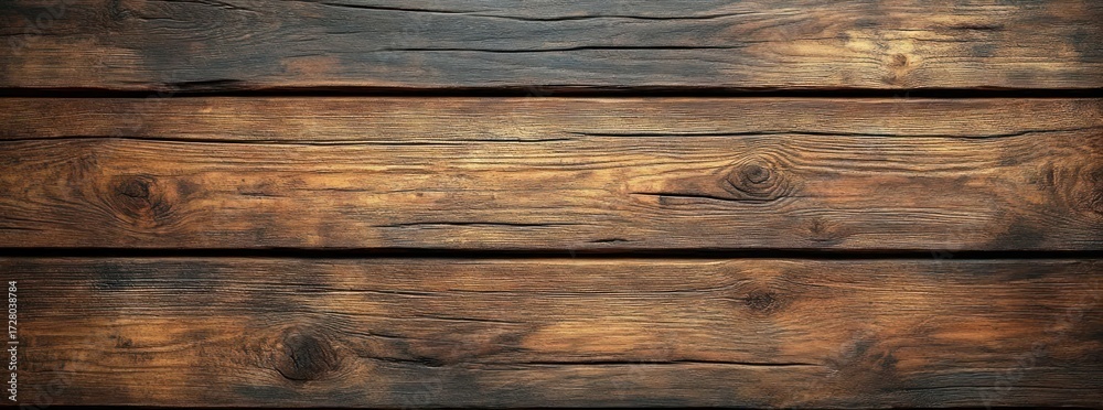 Fototapeta premium Close-up view of rustic wooden planks with natural grain patterns and knots in warm brown tones