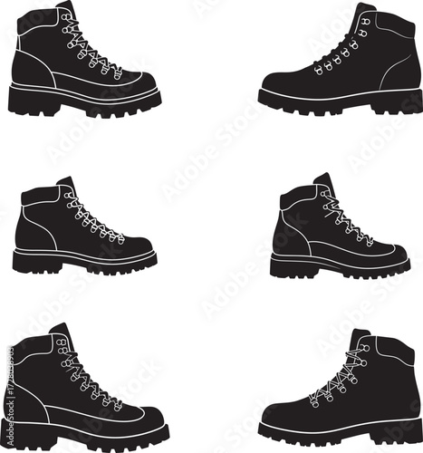 Collection of black leather work boots shown from multiple angles