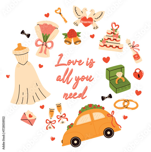 A sweet wedding card. Bouquet, bridesmaid dress, doves, rings, car, bells, hearts.