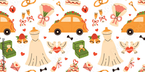 A seamless pattern featuring wedding elements. A bouquet, a bride's dress, doves, rings, a car, bells, and hearts.