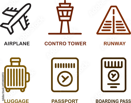 A collection of minimal airport icons featuring airplanes, control towers, runways, luggage, passports, boarding passes, departure and arrival gates, security checks, baggage claims, and schedule boar