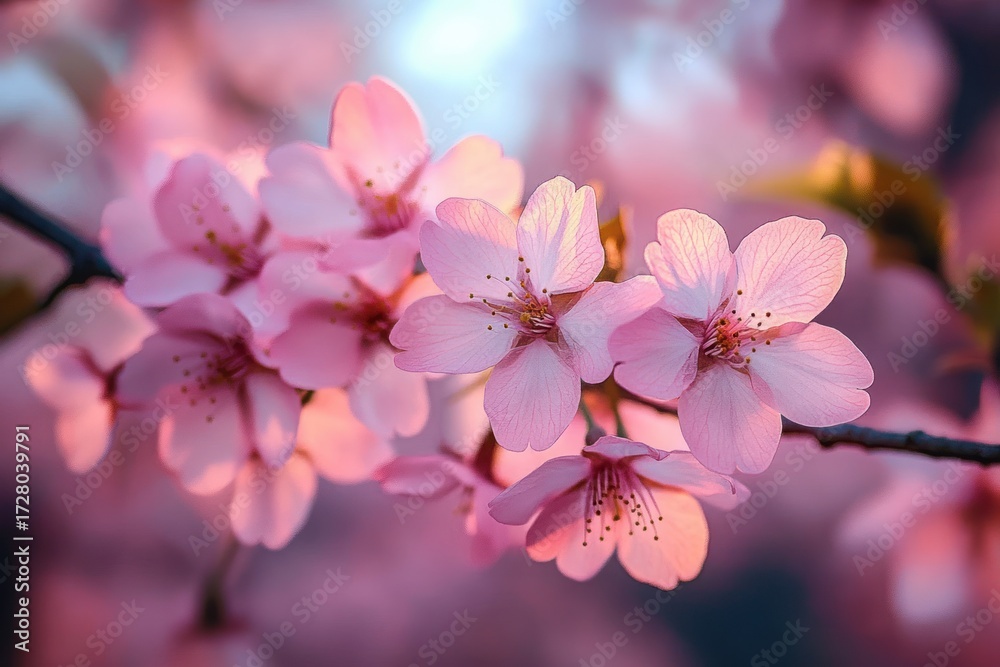 Obraz premium Close-up of delicate pink cherry blossom flowers bathed in warm soft light with a blurred gentle pastel background, evoking a serene and peaceful springtime mood