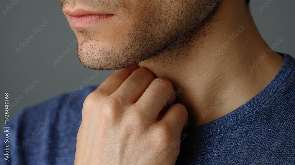Fototapeta premium Close-up of a Young Man Gently Touching His Neck with a Thoughtful Expression, Capturing Introspection and Gentle Care in Soft Lighting