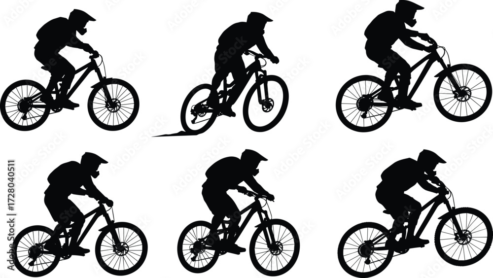 Obraz premium Mountain biker silhouette, downhill cycling, extreme sport rider, outdoor adventure biking, off road trail, black vector illustration, cycling action, helmet safety