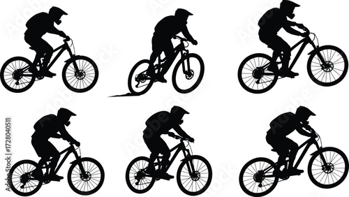 Mountain biker silhouette, downhill cycling, extreme sport rider, outdoor adventure biking, off road trail, black vector illustration, cycling action, helmet safety