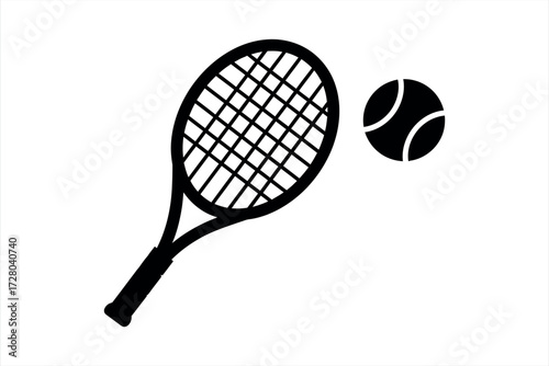 Black silhouette of a tennis racket and ball on a white background sport game