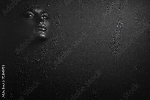 Dark textured wall with a partially visible face emerging from the shadows creating an eerie and mysterious mood