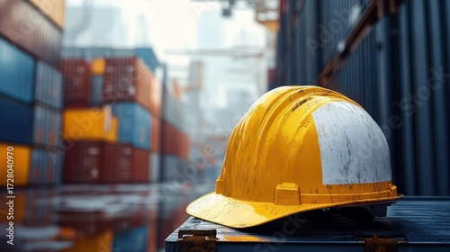 Close-up of a worn yellow construction helmet resting on a metal surface in a shipping container yard with stacked colorful containers blurred in the background