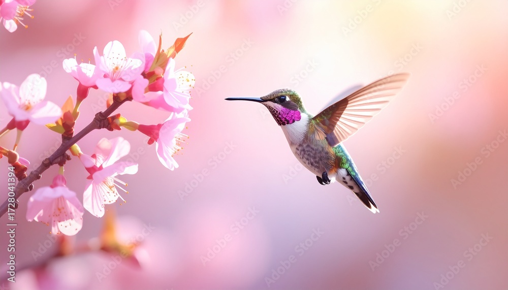 Fototapeta premium Hummingbird's Morning Delight A Tiny Bird and Cherry Blossoms in Spring