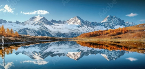 Serene mountain landscape featuring snow-capped peaks reflected in calm lake waters under a clear blue sky with autumn-colored trees along the shoreline