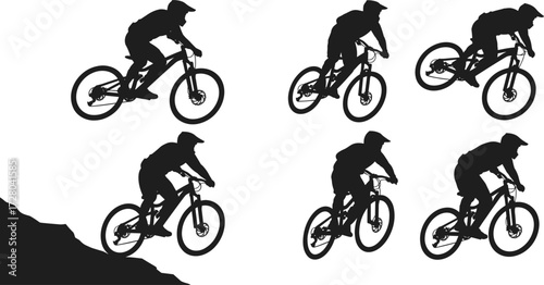 Mountain biker silhouette, downhill cycling, extreme sport action, outdoor adventure rider, off road biking, fitness training, black vector, isolated illustration, trail