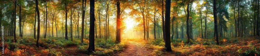 Obraz premium Sunlight filtering through tall trees in a dense forest with a path covered in autumn foliage creating a peaceful and warm atmosphere