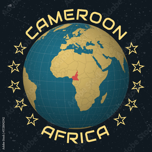 Republic of Cameroon on Globe. Country name round text. Vintage look with grunge scratched texture. Country view on world map in Sky Blue Light Yellow color palette. Cameroon shape on map.